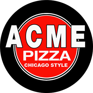 Acme Pizza Logo - White sans-serif type inside red and black circle