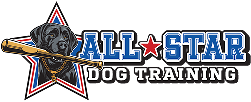 All Star Dog Training Logo - Blue and white collegiate serif type with dog icon to left