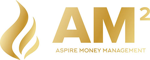 Aspire Money Management Logo - Gold gradient sans-serif type with flame icon to left