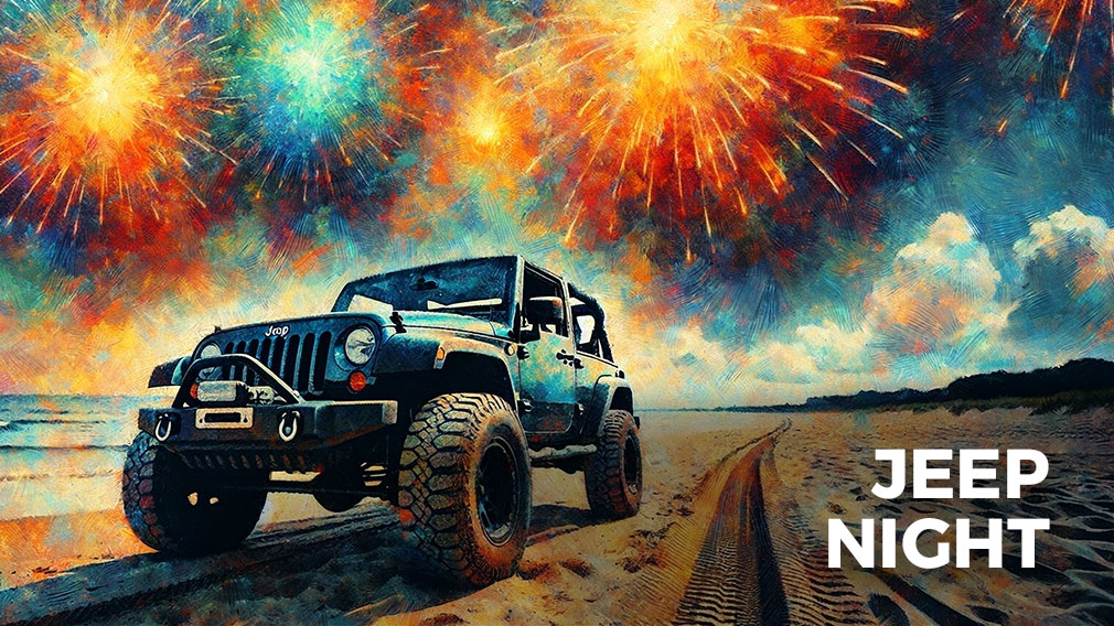 Graphic showing painting of a Jeep with fireworks in background and overlaying white sans-serif type