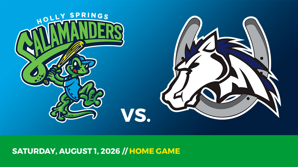 Graphic showing Holly Springs Salamanders and Martinsville Mustangs logos over blue gradient and green bottom border with game date and location