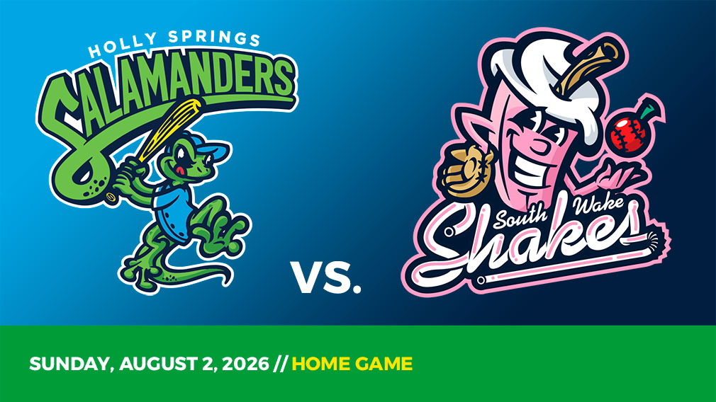 Graphic showing Holly Springs Salamanders and South Wake Shakes logos over blue gradient and green bottom border with game date and location