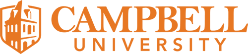 Campbell University Logo - Orange serif and sans-serif type with building icon to left