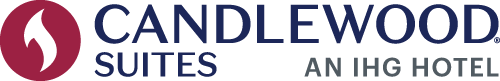 Candlewood Suites Logo - Dark blue and gray sans-serif type with candle flame icon inside red circle to left