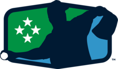 Coastal Plain League Logo - Silhouette of baseball player throwing a ball with four white stars to left over green and blue hexagon