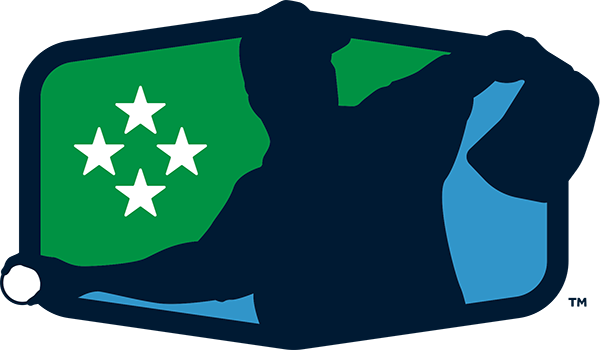 Coastal Plain League Logo - Silhouette of baseball player throwing a ball with four white stars to left over green and blue hexagon