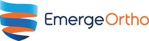Emerge Ortho Logo - Dark blue and orange sans-serif type with stylized shield icon to left