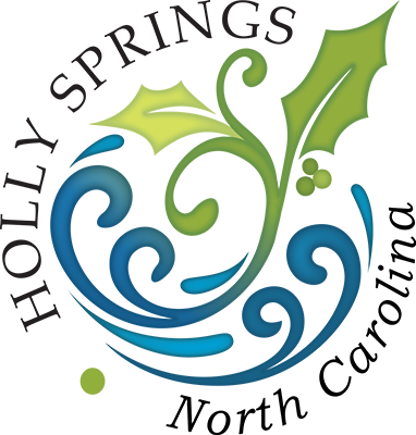 Holly Springs NC Logo - Black serif type with blue and green stylized leaves in center