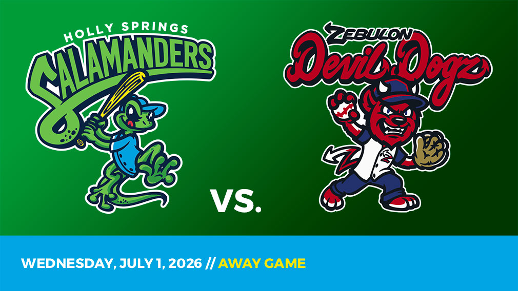 Graphic showing Holly Springs Salamanders and Zebulon Devil Dogz logos over green gradient and blue bottom border with game date and location