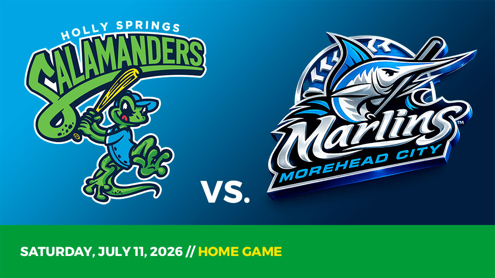 Graphic showing Holly Springs Salamanders and Morehead City Marlins logos over blue gradient and green bottom border with game date and location