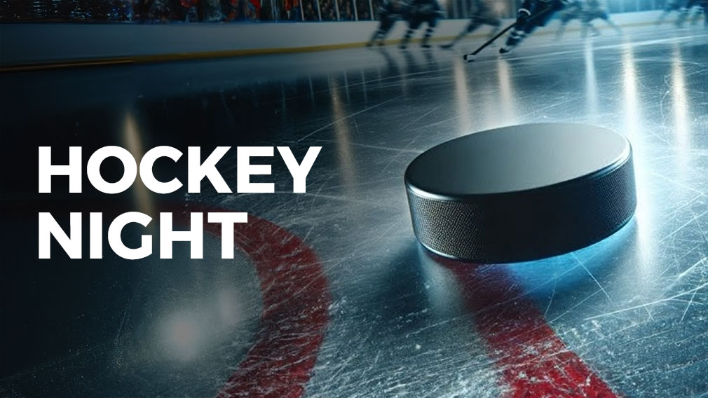 Graphic showing photo of hockey puck on the ice with overlaying white sans-serif type