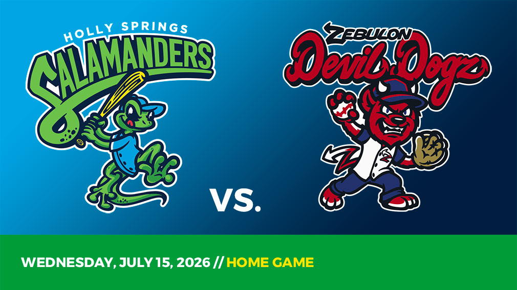 Graphic showing Holly Springs Salamanders and Zebulon Devil Dogz logos over blue gradient and green bottom border with game date and location
