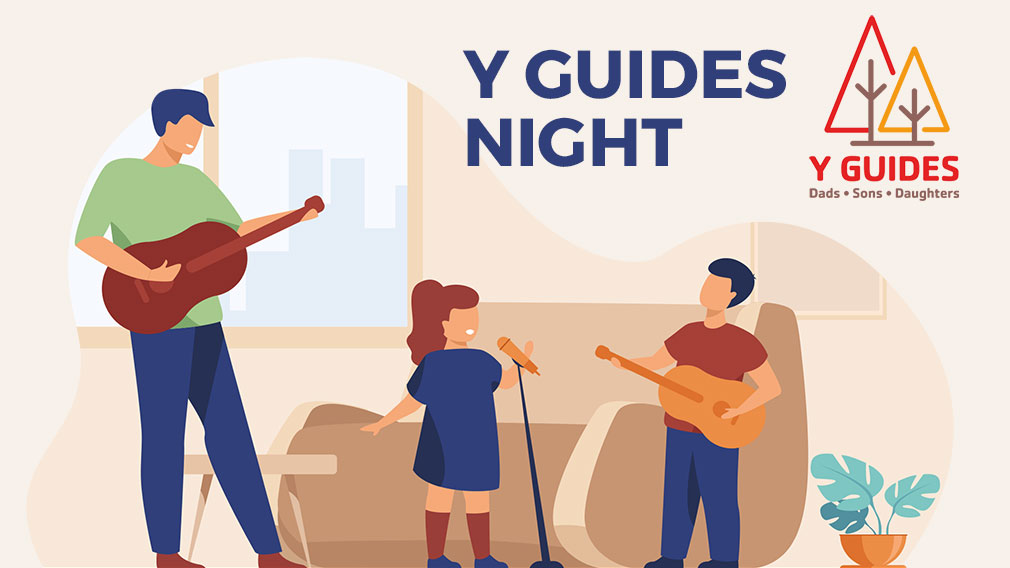 Graphic showing illustration of father and children playing music with overlaying dark blue sans-serif type