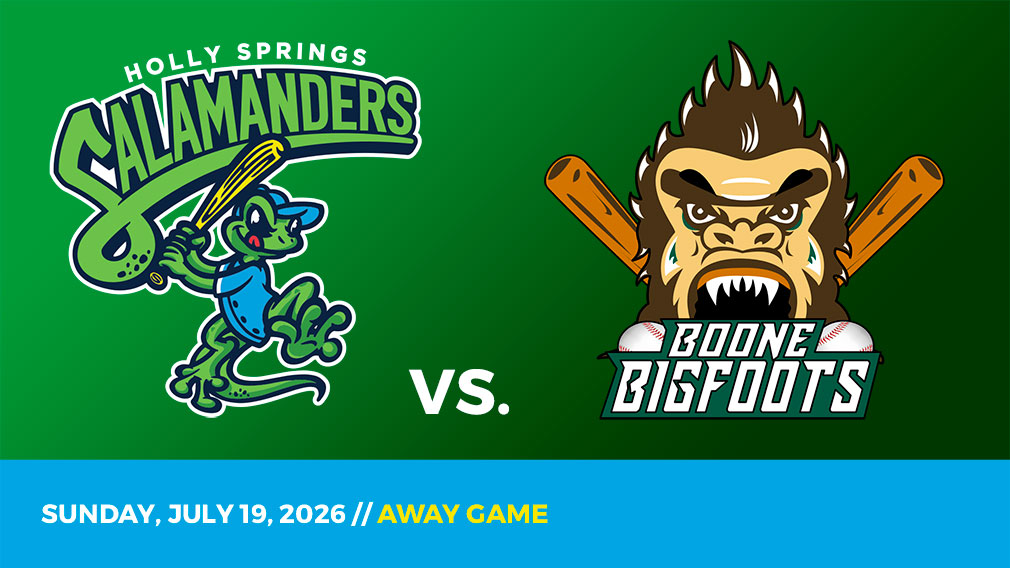 Graphic showing Holly Springs Salamanders and Boone Bigfoots logos over green gradient and blue bottom border with game date and location