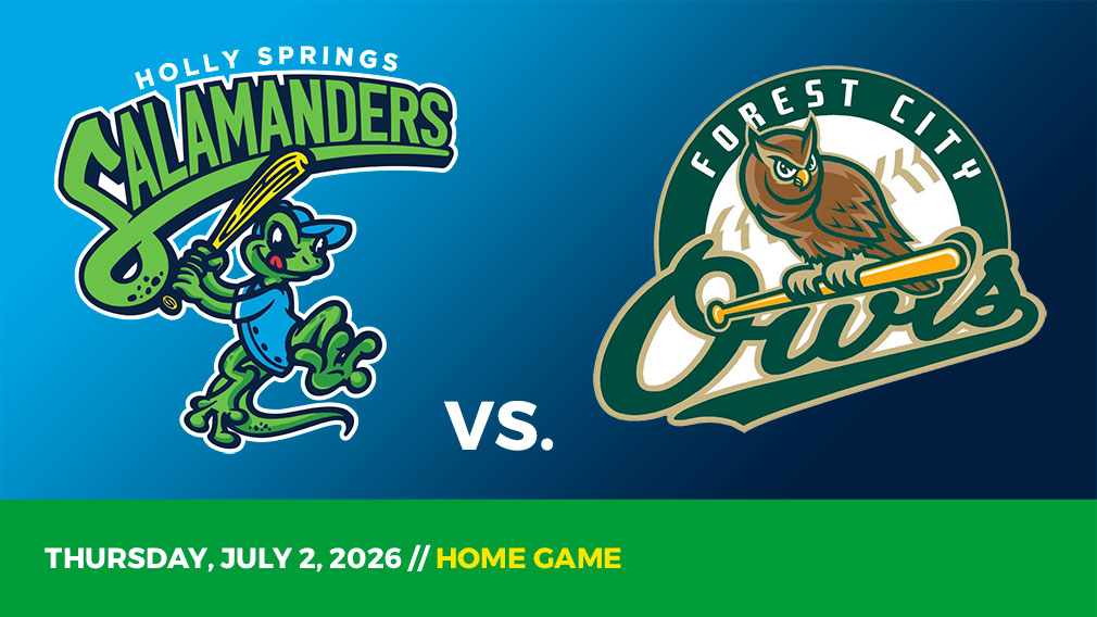 Graphic showing Holly Springs Salamanders and Forest City Owls logos over blue gradient and green bottom border with game date and location