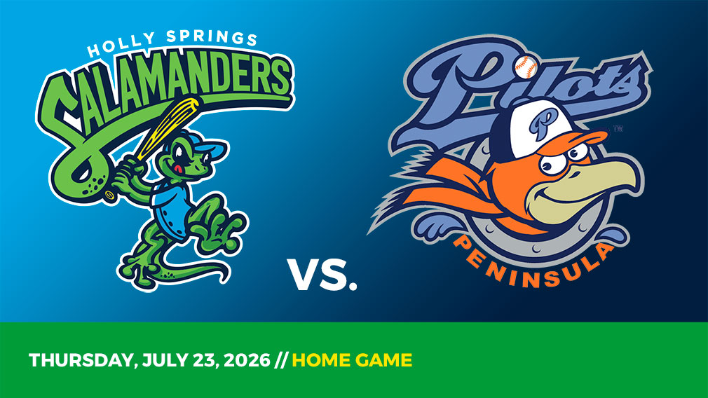 Graphic showing Holly Springs Salamanders and Peninsula Pilots logos over blue gradient and green bottom border with game date and location