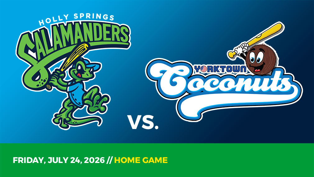 Graphic showing Holly Springs Salamanders and Yorktown Coconuts logos over blue gradient and green bottom border with game date and location