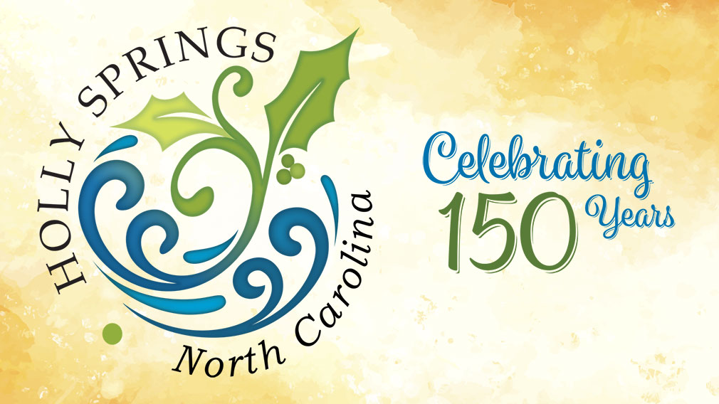 Graphic showing orange watercolor texture background with overlaying blue and green script type and Holly Springs logo