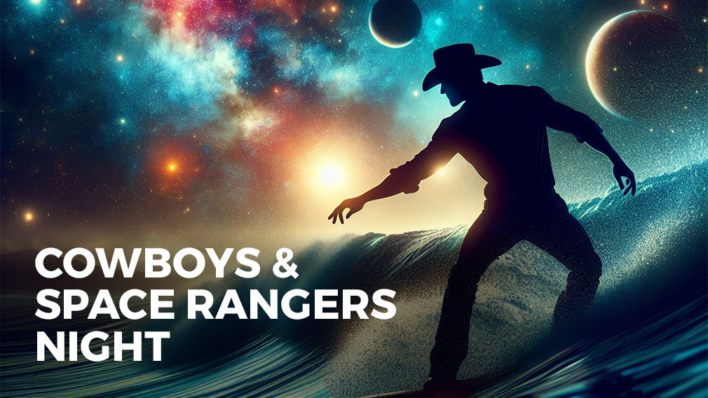 Graphic showing AI photo of surfing cowboy and cosmos in the background with overlaying white sans-serif type