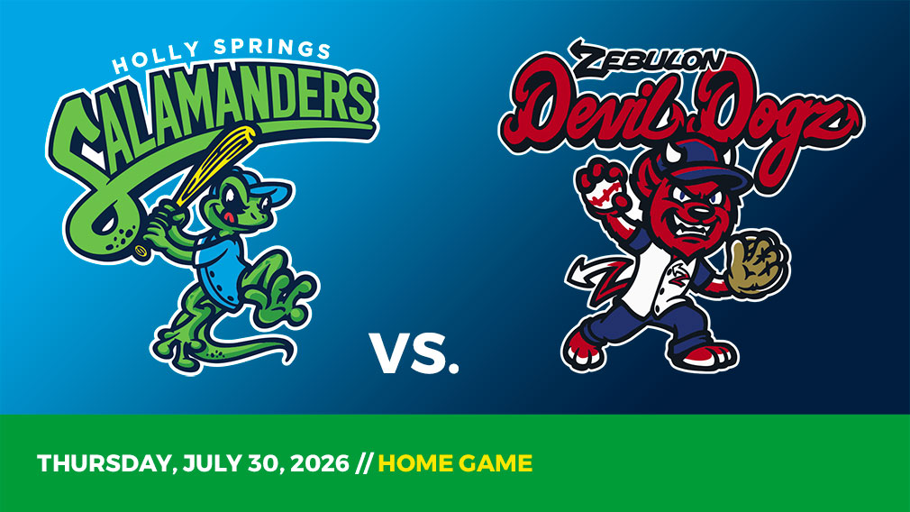 Graphic showing Holly Springs Salamanders and Zebulon Devil Dogz logos over blue gradient and green bottom border with game date and location