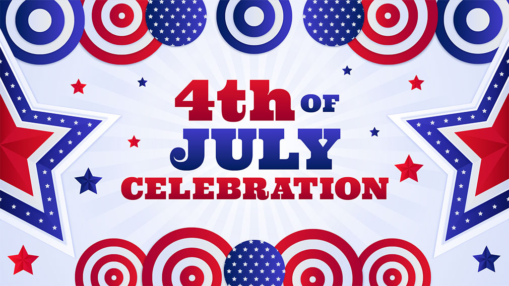 Graphic showing red, white, and blue stars and circles with red and blue serif type