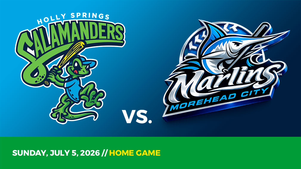 Graphic showing Holly Springs Salamanders and Morehead City Marlins logos over blue gradient and green bottom border with game date and location