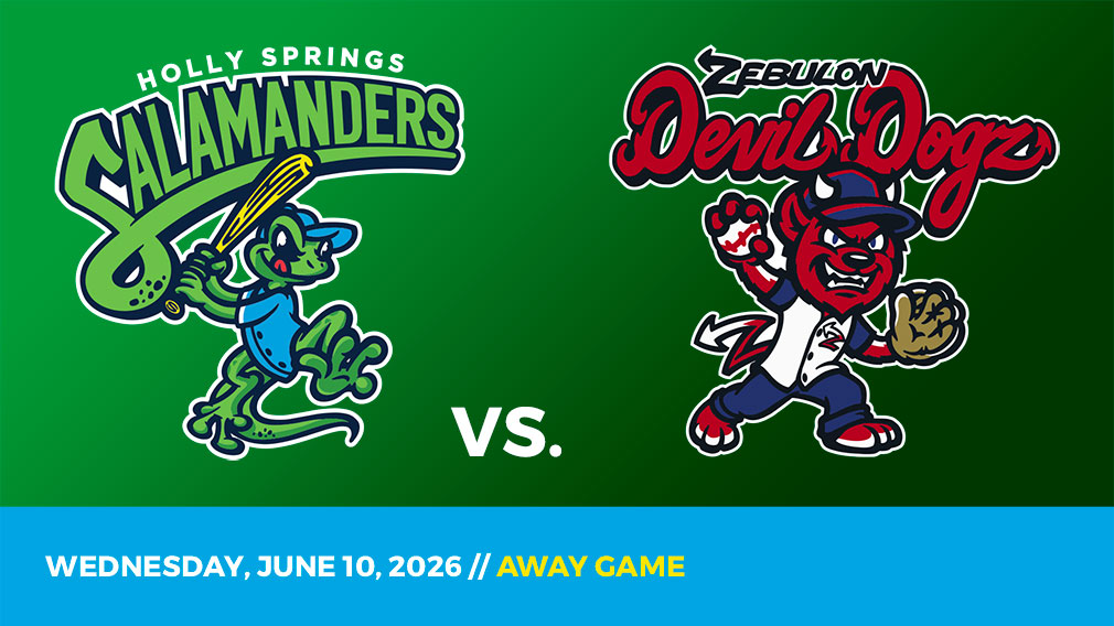 Graphic showing Holly Springs Salamanders and Zebulon Devil Dogz logos over green gradient and blue bottom border with game date and location