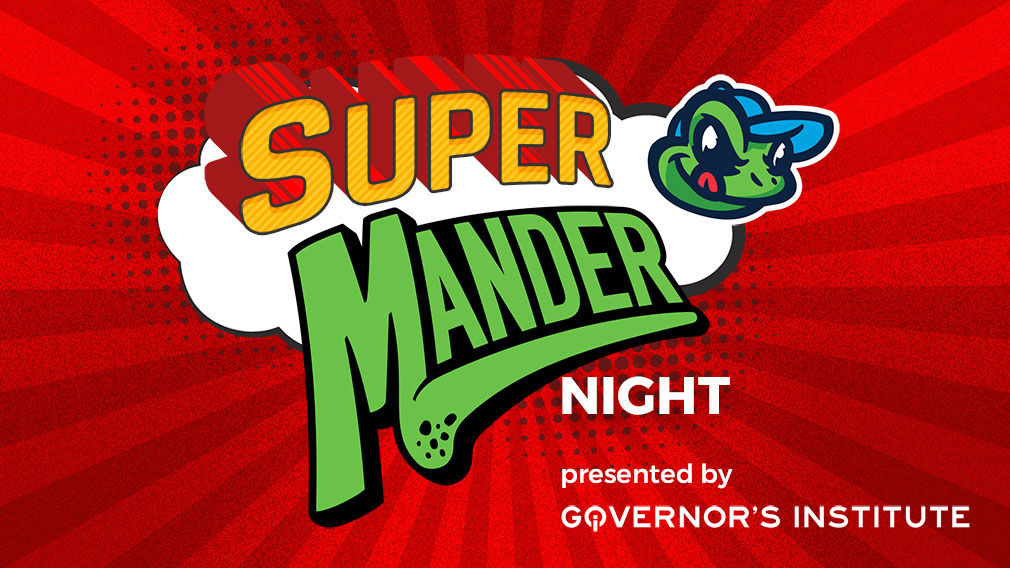 Graphic showing red illustrated comic book background with overlaying Super Mander type and Sal icon