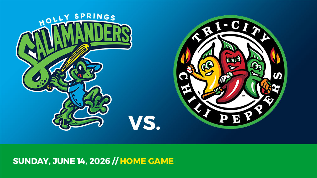 Graphic showing Holly Springs Salamanders and Tri-City Chili Peppers logos over blue gradient and green bottom border with game date and location