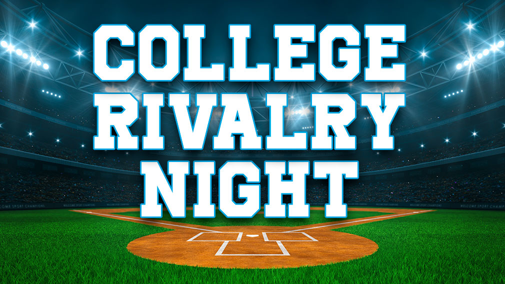 Graphic showing illustration of baseball field with white collegiate serif type overlaying