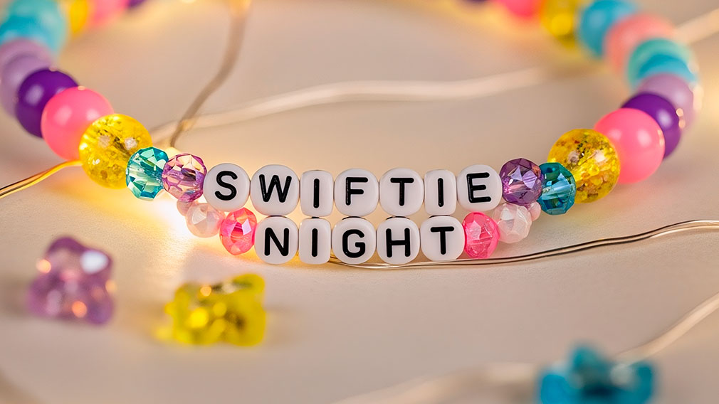Graphic showing photo of friendship bracelet that spells Swiftie Night