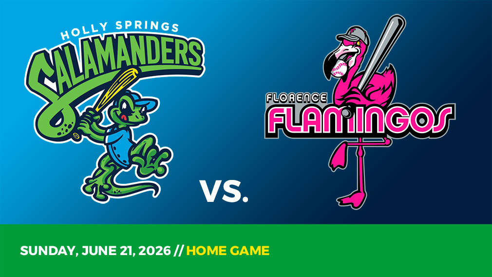 Graphic showing Holly Springs Salamanders and Florence Flamingos logos over blue gradient and green bottom border with game date and location