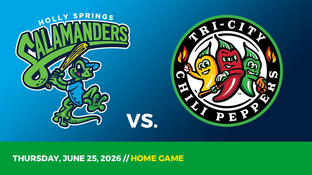 Graphic showing Holly Springs Salamanders and Tri-City Chili Peppers logos over blue gradient and green bottom border with game date and location