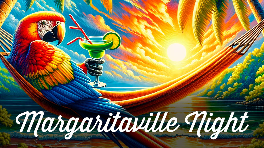 Graphic showing illustration of a parrot drinking a margarita in a hammock on a tropical beach with overlaying white script type