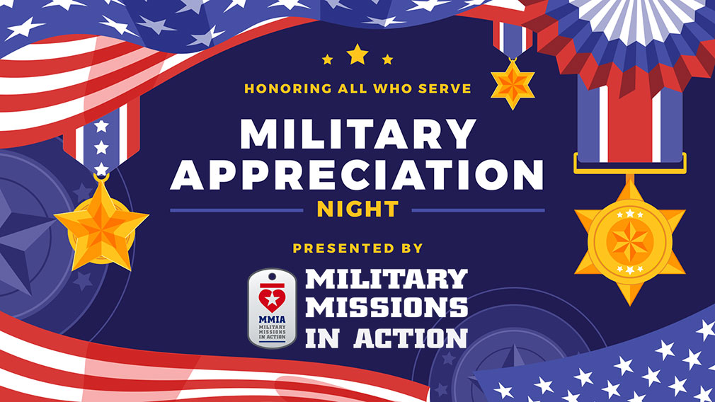 Graphic showing red, white, and blue stars and stripes and military medals with orange and white sans-serif type