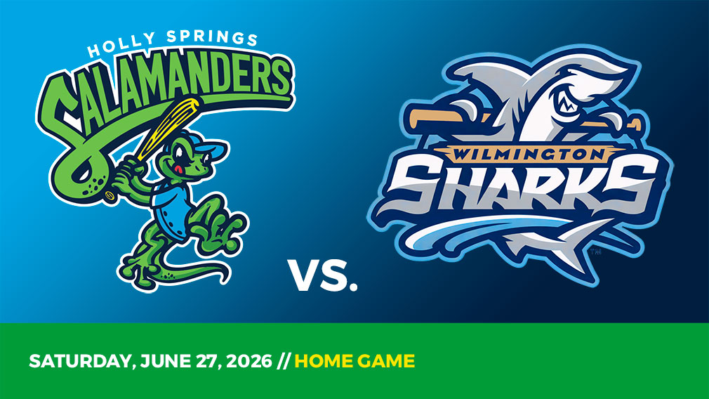Graphic showing Holly Springs Salamanders and Wilmington Sharks logos over blue gradient and green bottom border with game date and location