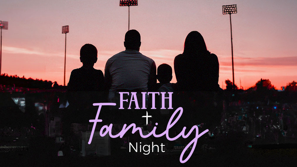 Graphic showing photo of family at a baseball game at sunset with overlaying lavender serif and script type and white sans-serif type