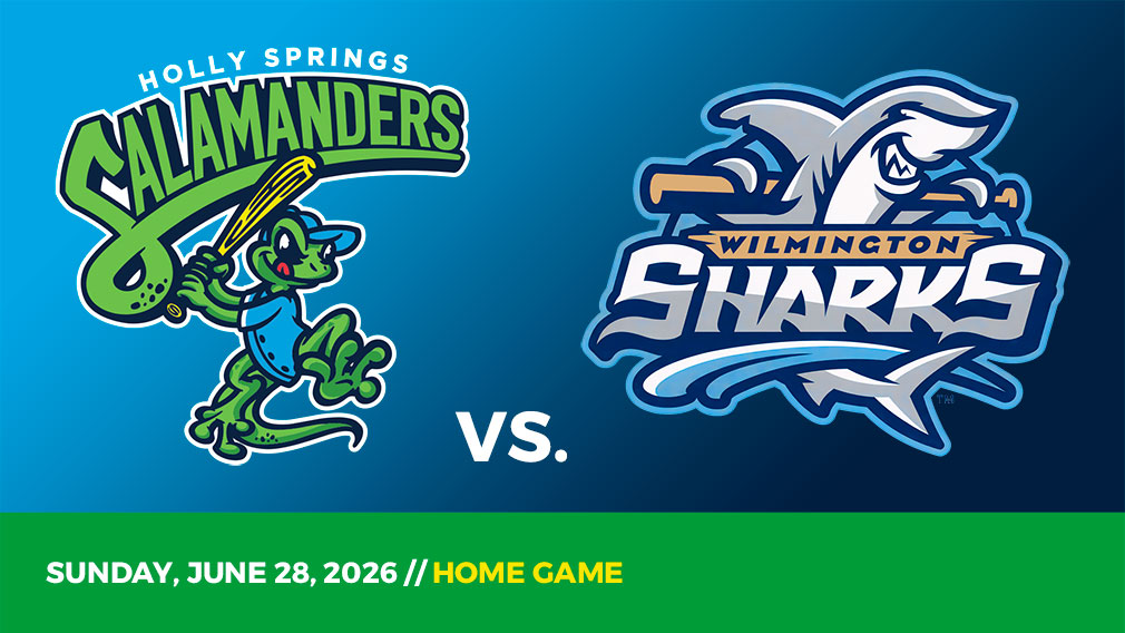 Graphic showing Holly Springs Salamanders and Wilmington Sharks logos over blue gradient and green bottom border with game date and location