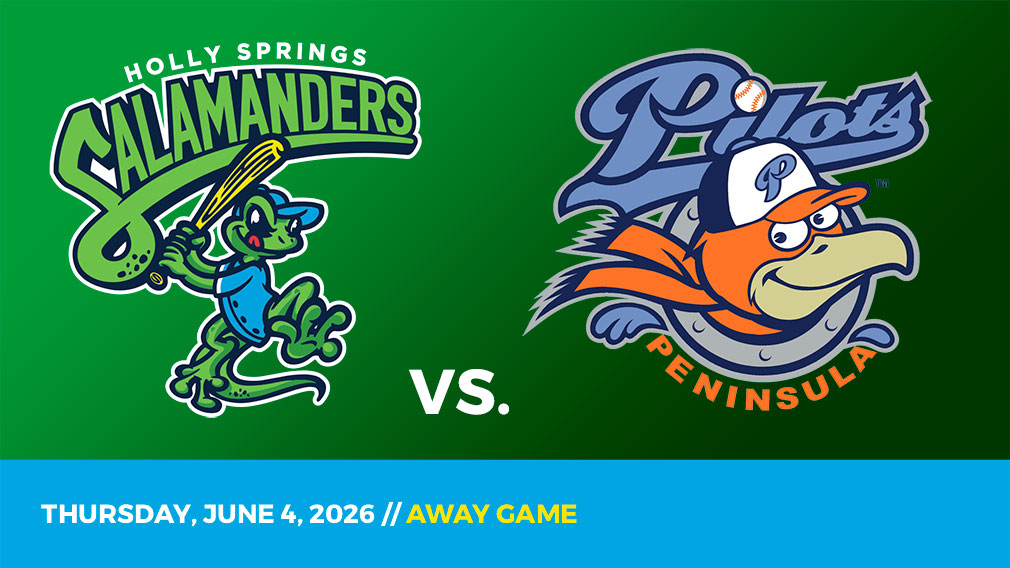 Graphic showing Holly Springs Salamanders and Peninsula Pilots logos over green gradient and blue bottom border with game date and location