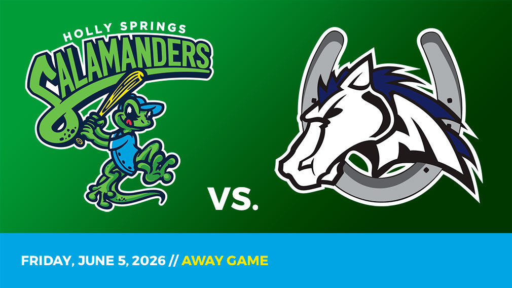 Graphic showing Holly Springs Salamanders and Martinsville Mustangs logos over green gradient and blue bottom border with game date and location
