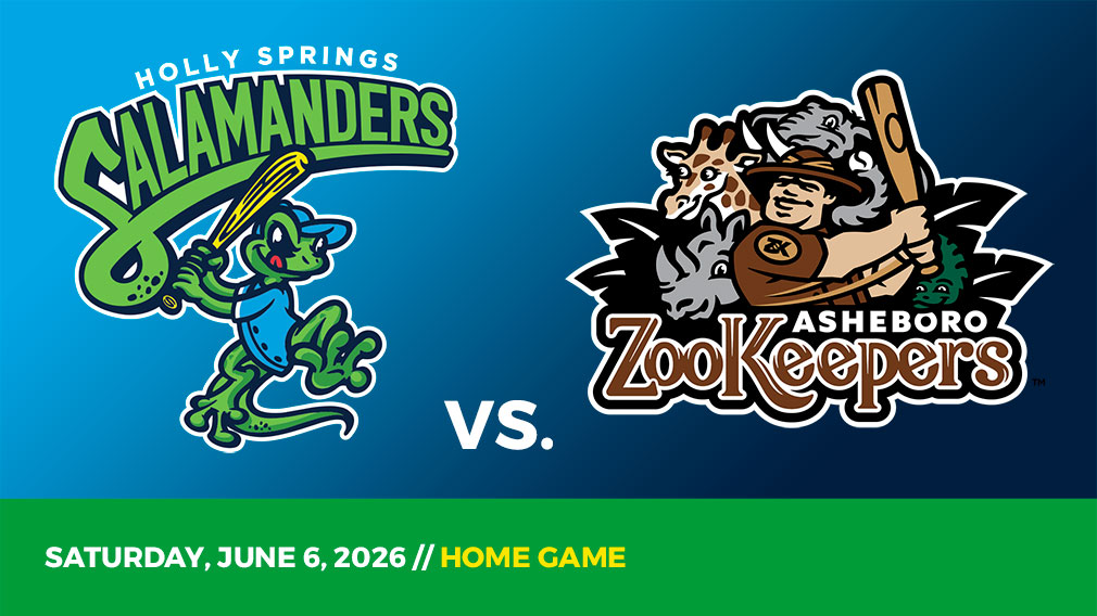 Graphic showing Holly Springs Salamanders and Asheboro Zookeepers logos over blue gradient and green bottom border with game date and location