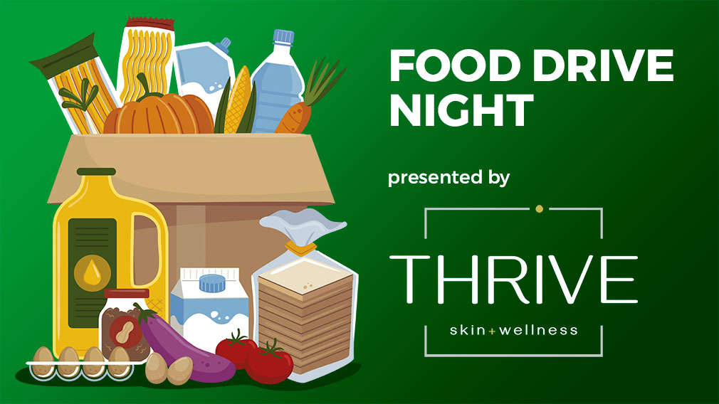 Graphic showing illustration of groceries on green gradient background with overlaying white sans-serif type and Thrive Skin + Wellness logo