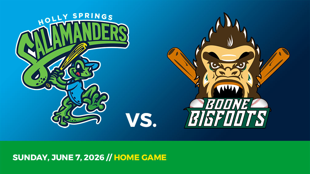 Graphic showing Holly Springs Salamanders and Boone Bigfoots logos over blue gradient and green bottom border with game date and location