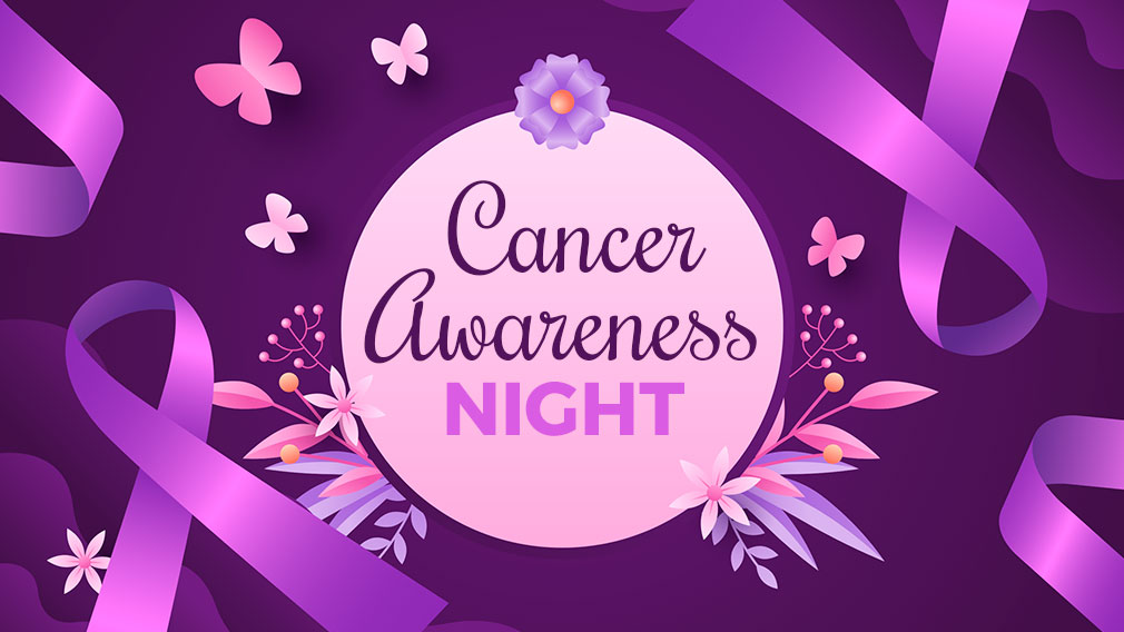 Graphic showing illustration of cancer awareness ribbons with butterflies and flowers in purple hues with script and sans-serif type