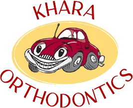 Khara Ortho Logo - Red sans-serif type with car illustration in middle