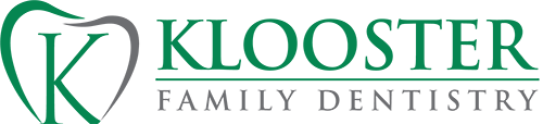 Klooster Family Dentistry Logo - Green and gray serif type with stylized tooth icon and letter K to left