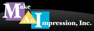 Make An Impression Logo - White sans-serif type over purple, orange, and cyan shapes