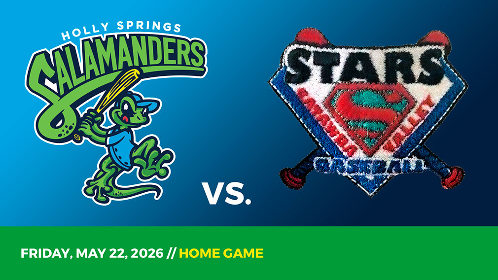 Graphic showing Holly Springs Salamanders and Catawba Valley Stars logos over blue gradient and green bottom border with game date and location