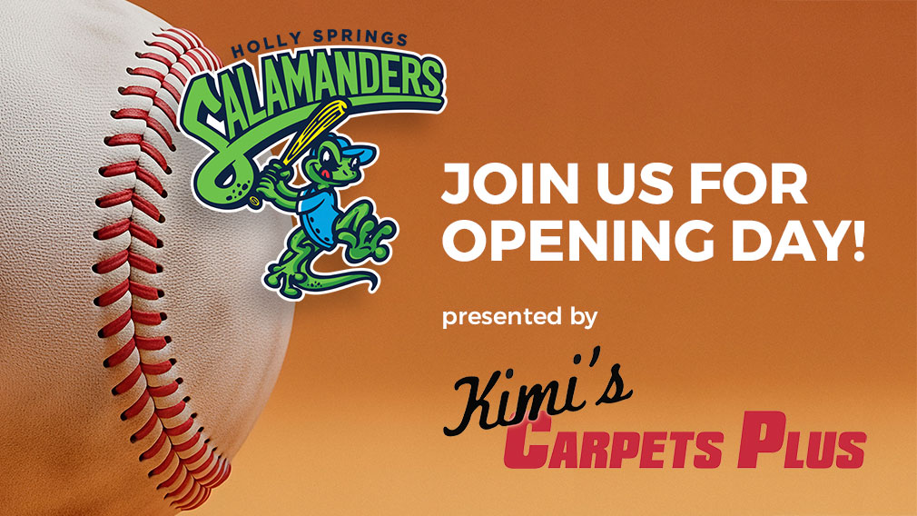 Graphic showing photo of baseball on orange background with overlaying illustration of mascot Sal and white sans-serif type and Kimi's Carpets Plus logo