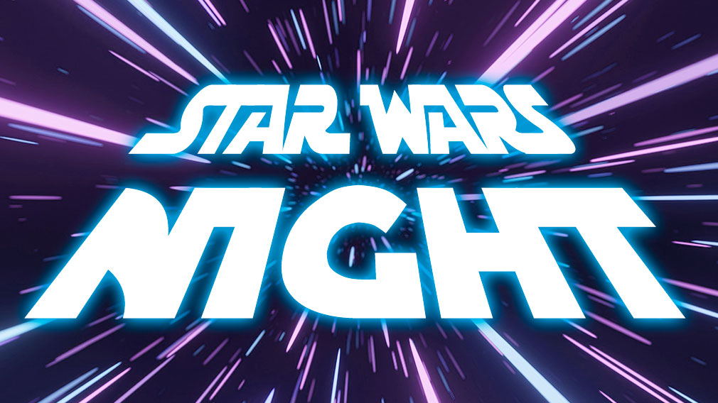 Graphic showing illustration of a galaxy at warp speed with overlaying white sans-serif Star Wars type